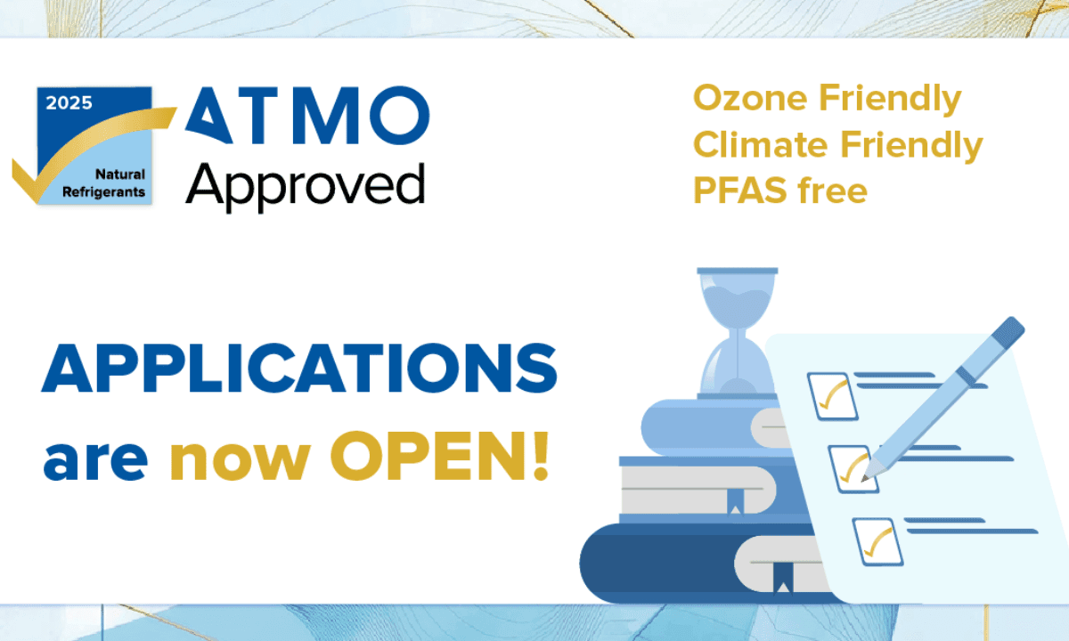 A graphic showing that registration is now open for the ATMO Approved Natural Refrigerants Label
