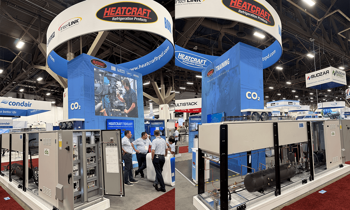 An image of Heatcraft's booth at AHR Expo 2026, showcasing new CO2 products and training.