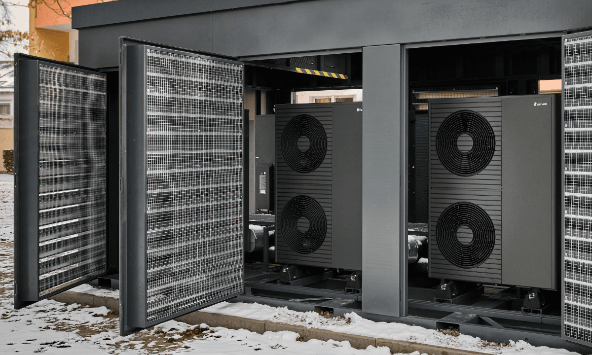 Vaillant R290 heat pumps installed outside an apartment building in Dortmund, Germany.