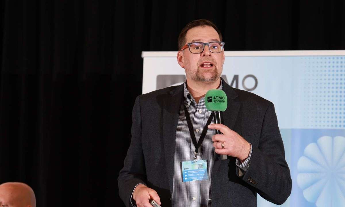 An image of Phillip Walker, General Manager at TechnoRef4, presenting at ATMO America 2026. He talked aobut an Americold Canadian facility using single-stage transcritical CO2 refrigeration.